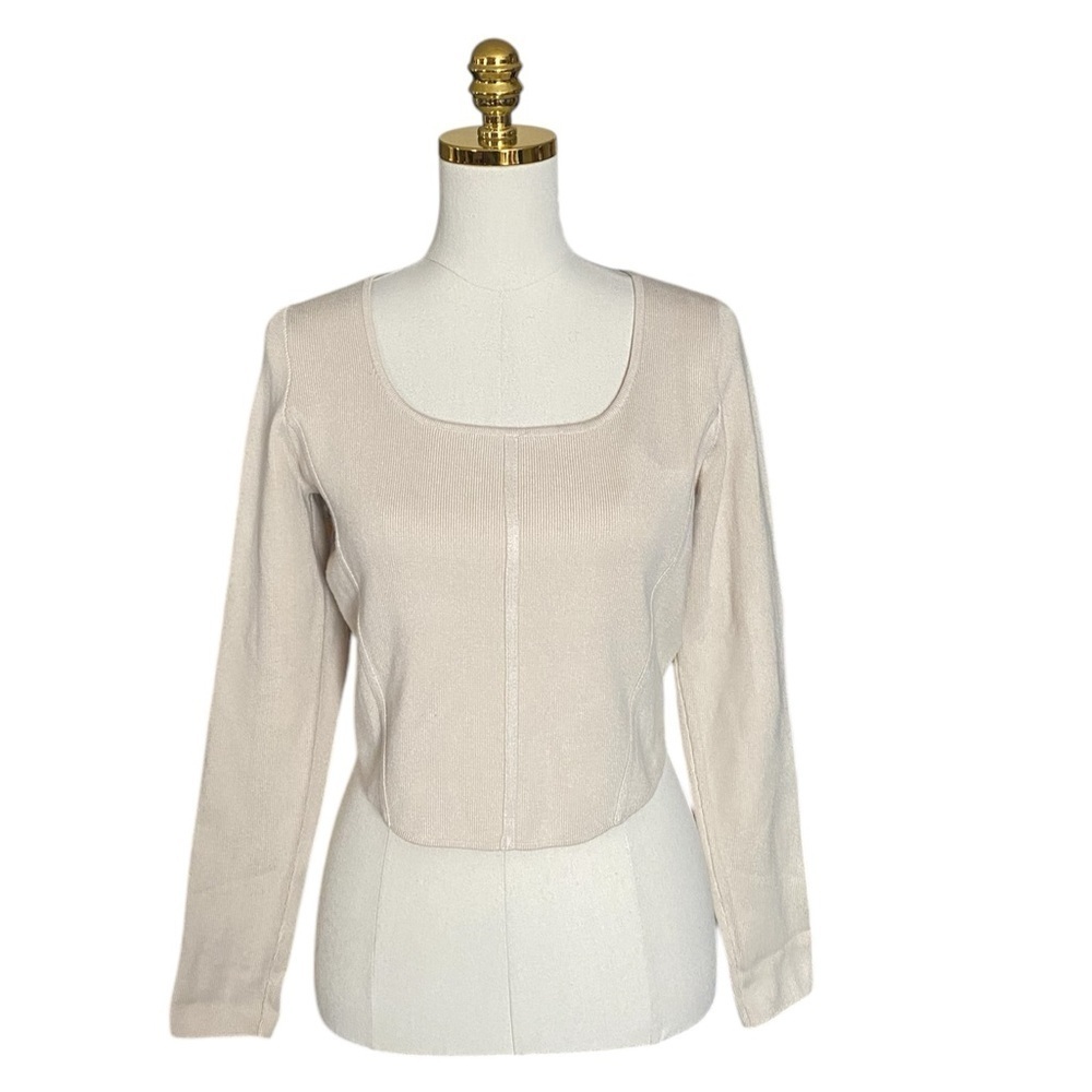 HOUSE OF HARLOW 1960 | Long Sleeve Crop Knit Fitted Corset Top in Ivory Size L